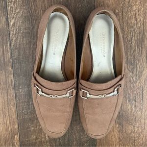 Size 12 tan loafers with silver metal detailing